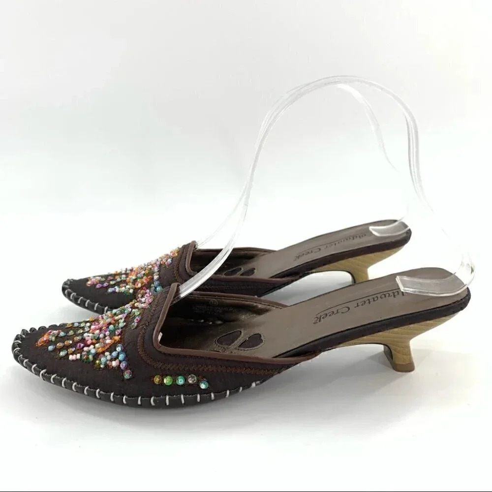 Coldwater Creek size 7.5 mules chocolate brown Thai satin beaded Bollywood - Picture 5 of 12